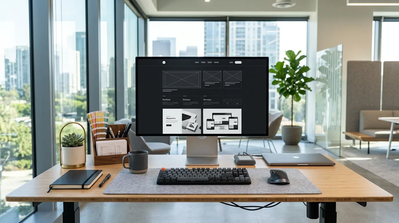 Modern web design workspace with computer monitor displaying a professional website, office desk setup with design materials, bright natural lighting, contemporary office environment