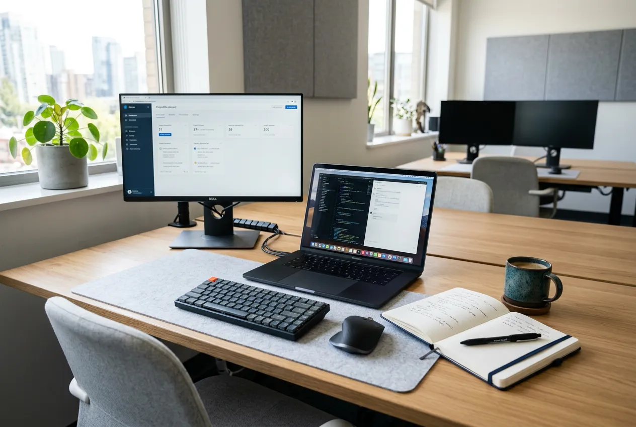 Startup business office setup with computer workstation, notebook, coffee cup, modern minimal desk environment, entrepreneurial workspace