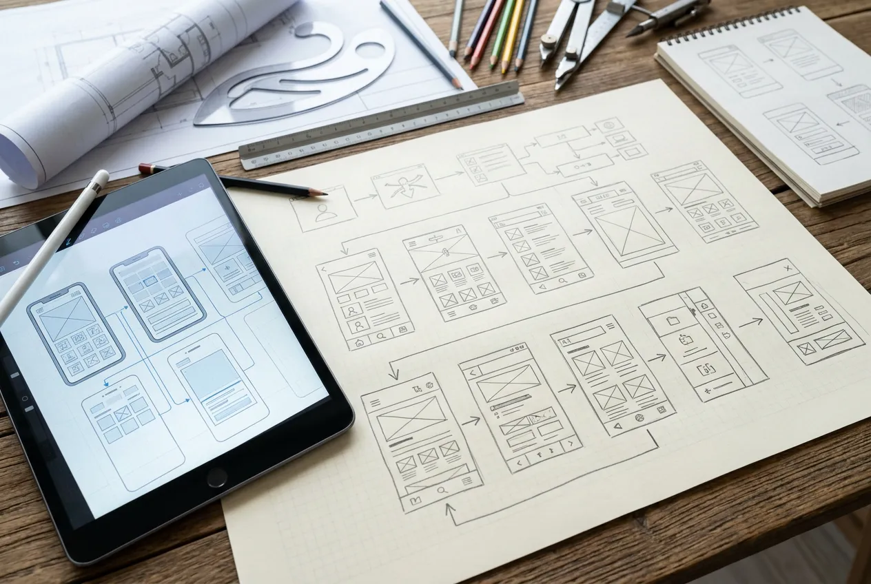 Design process workflow diagram or wireframe sketches on paper and digital tablet, creative design planning tools, blueprint style layout