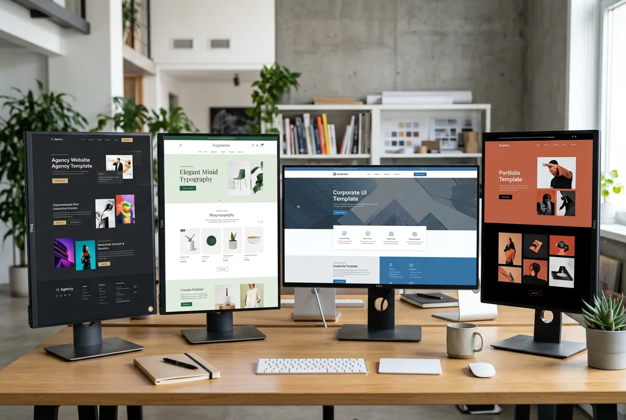Web design theme templates or design mockups displayed on desktop screens, responsive design showcase, multiple color schemes visible, modern digital design studio setup